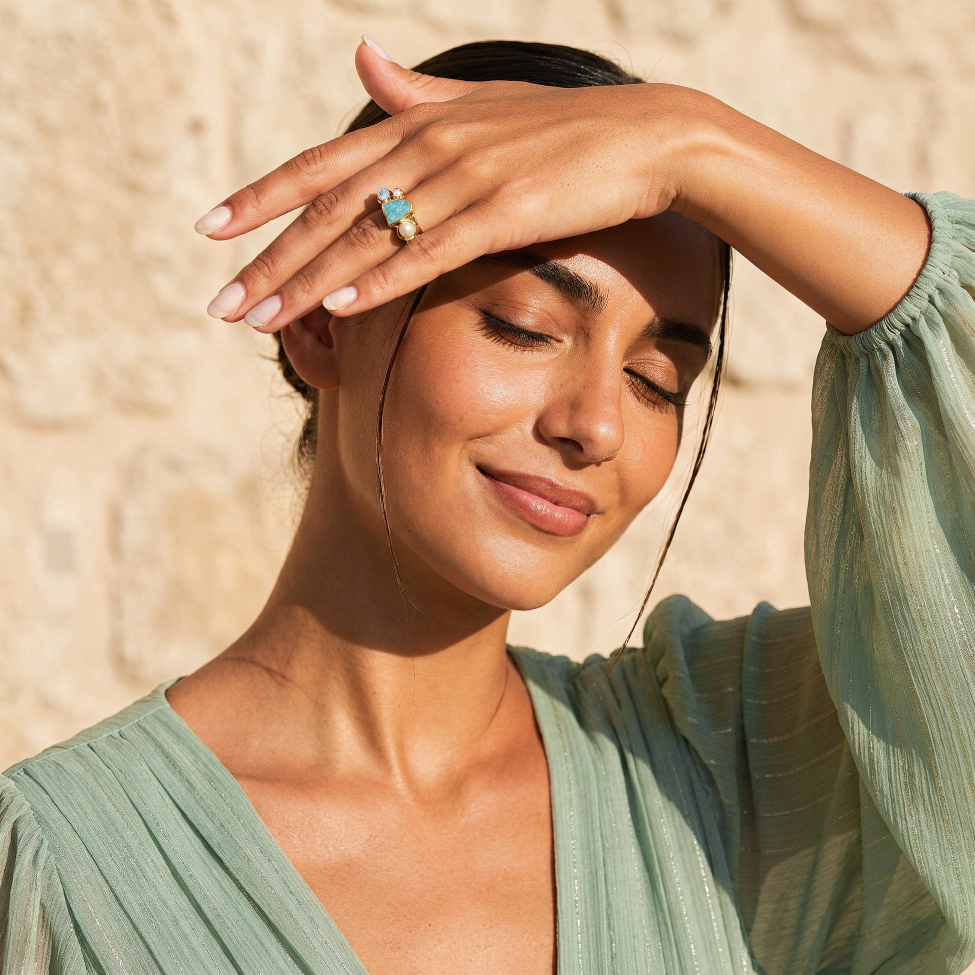 Amazonite Pearl Ring - Heirloom - shell YG