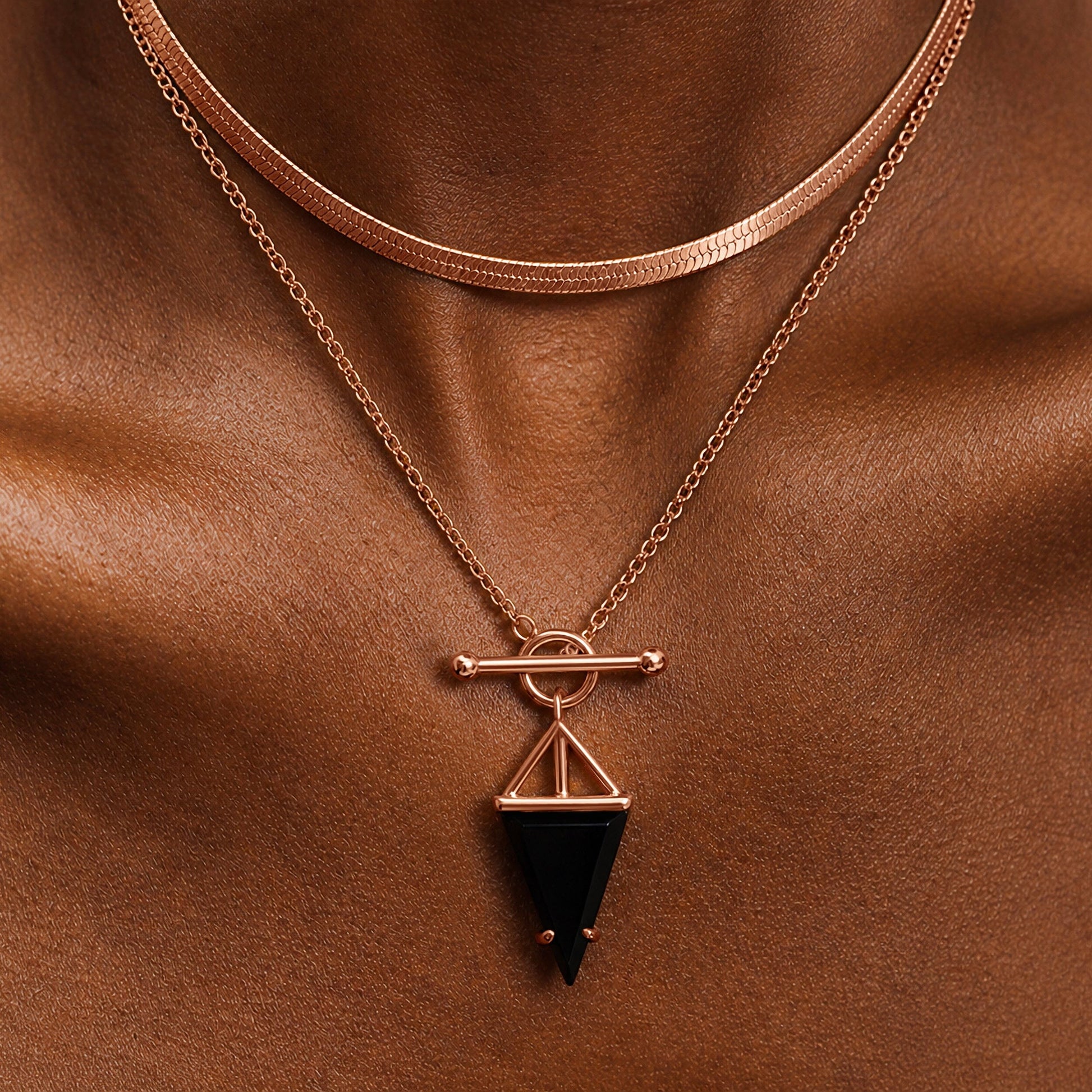 Black Obsidian Necklace - Heroine - rose gold layered herringbone
