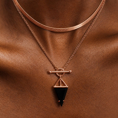 Black Obsidian Necklace - Heroine - rose gold layered herringbone