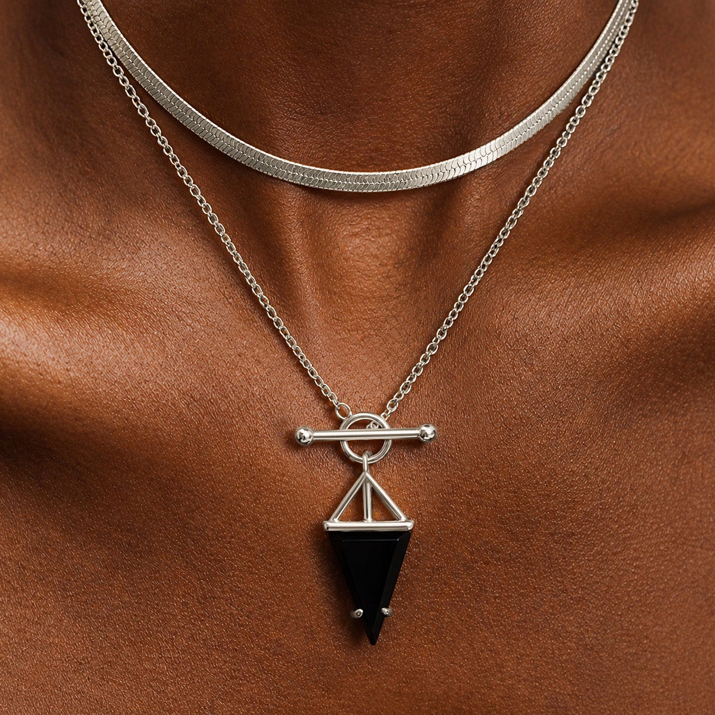 Black Obsidian Necklace - Heroine - sterling silver layered herringbone