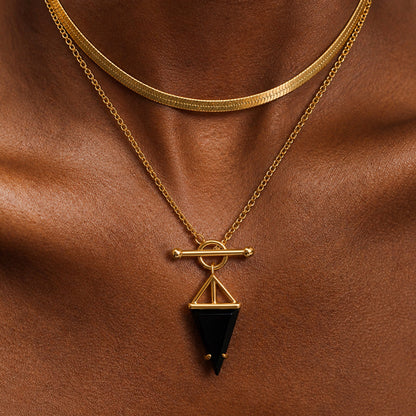 Black Obsidian Necklace - Heroine - yellow gold layered herringbone