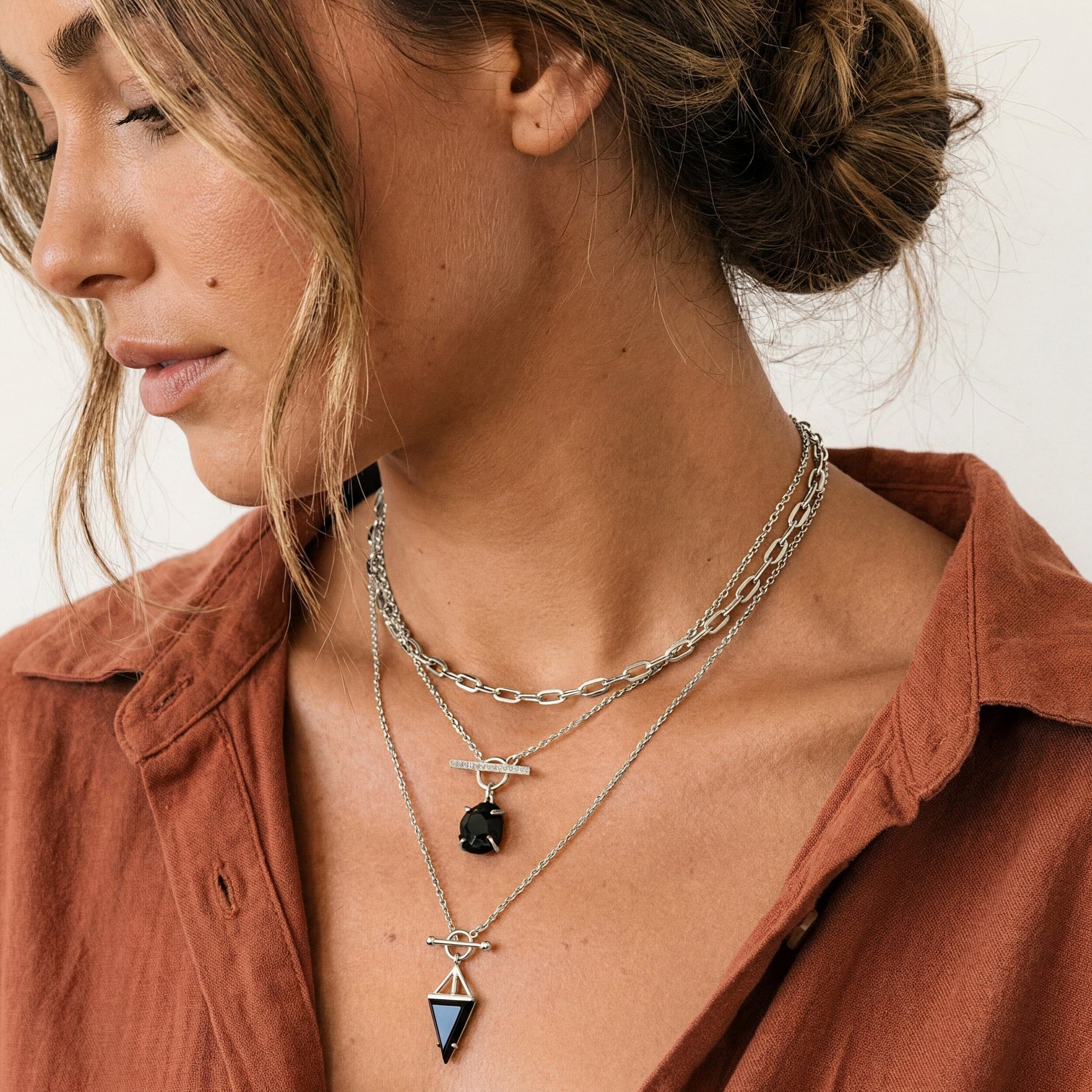 Heroine T-Lock Widelink Necklaces - worn silver lifestyle