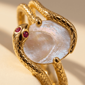 Mother of Pearl Ruby Serpent Waves Rings - stone detail