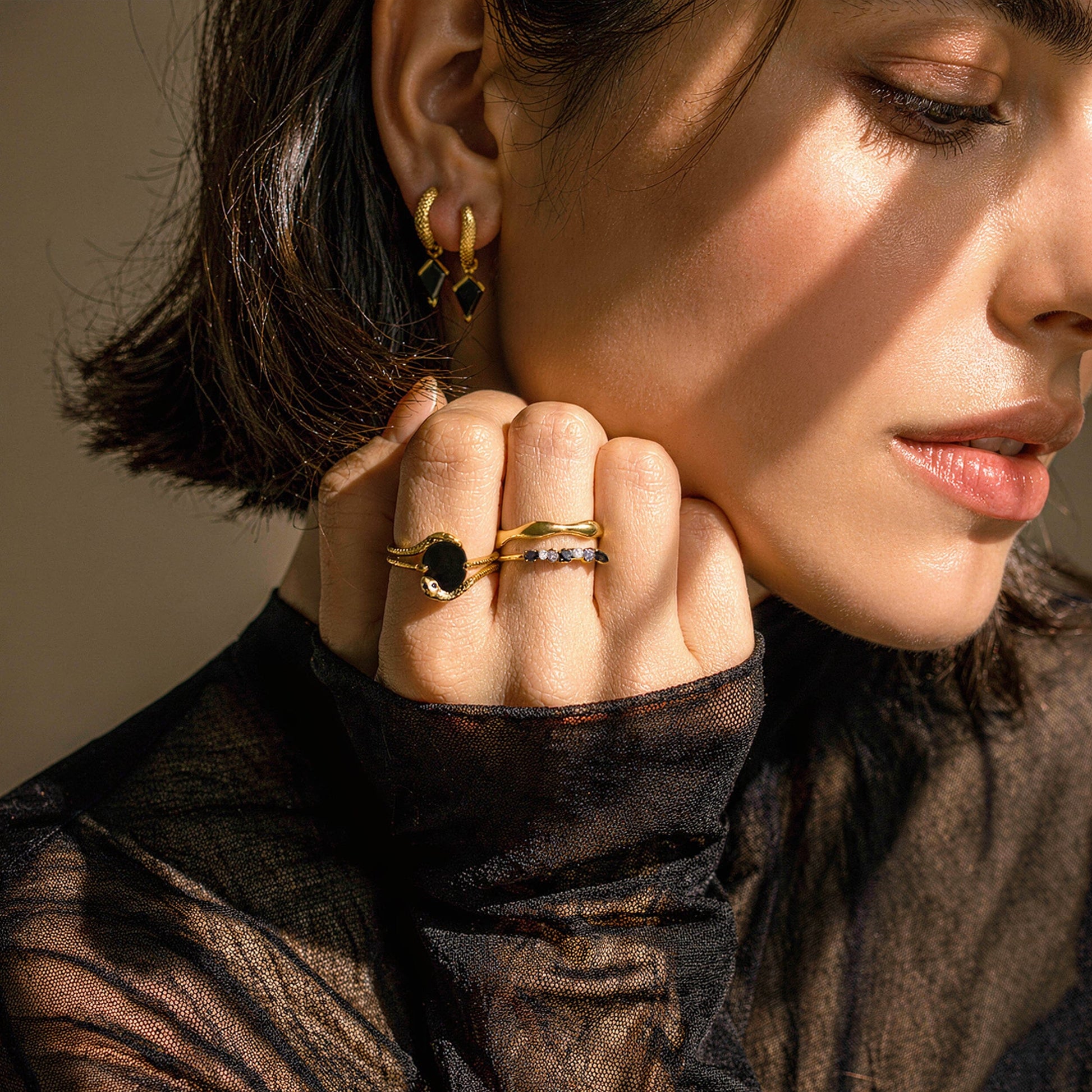 Black Onyx Black Diamond Ring - Serpent worn
