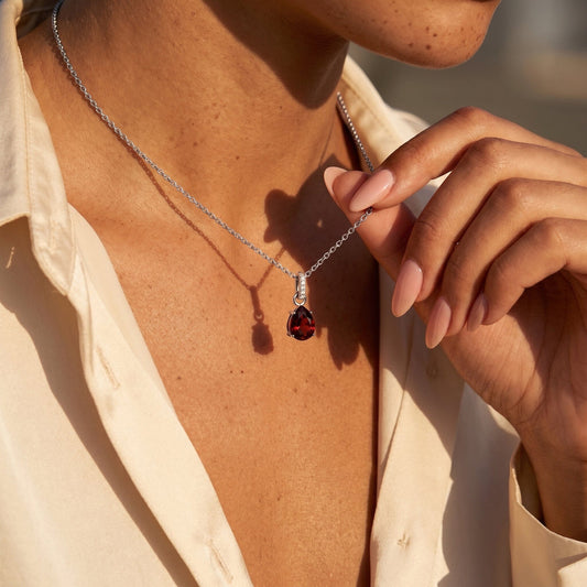 Garnet Necklace Sway - January Birthstone - silver worn