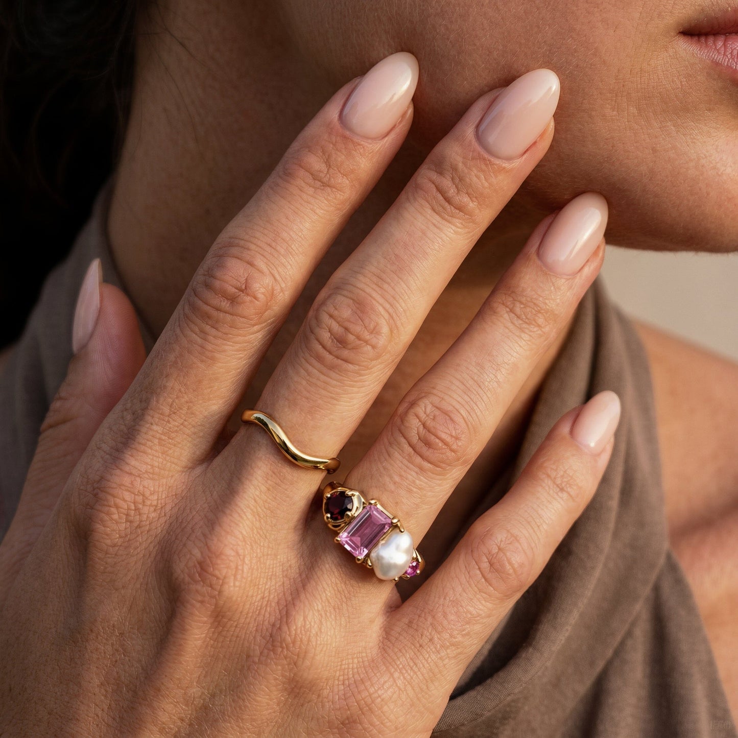 Treasure Waves ring stack yellow gold on hand