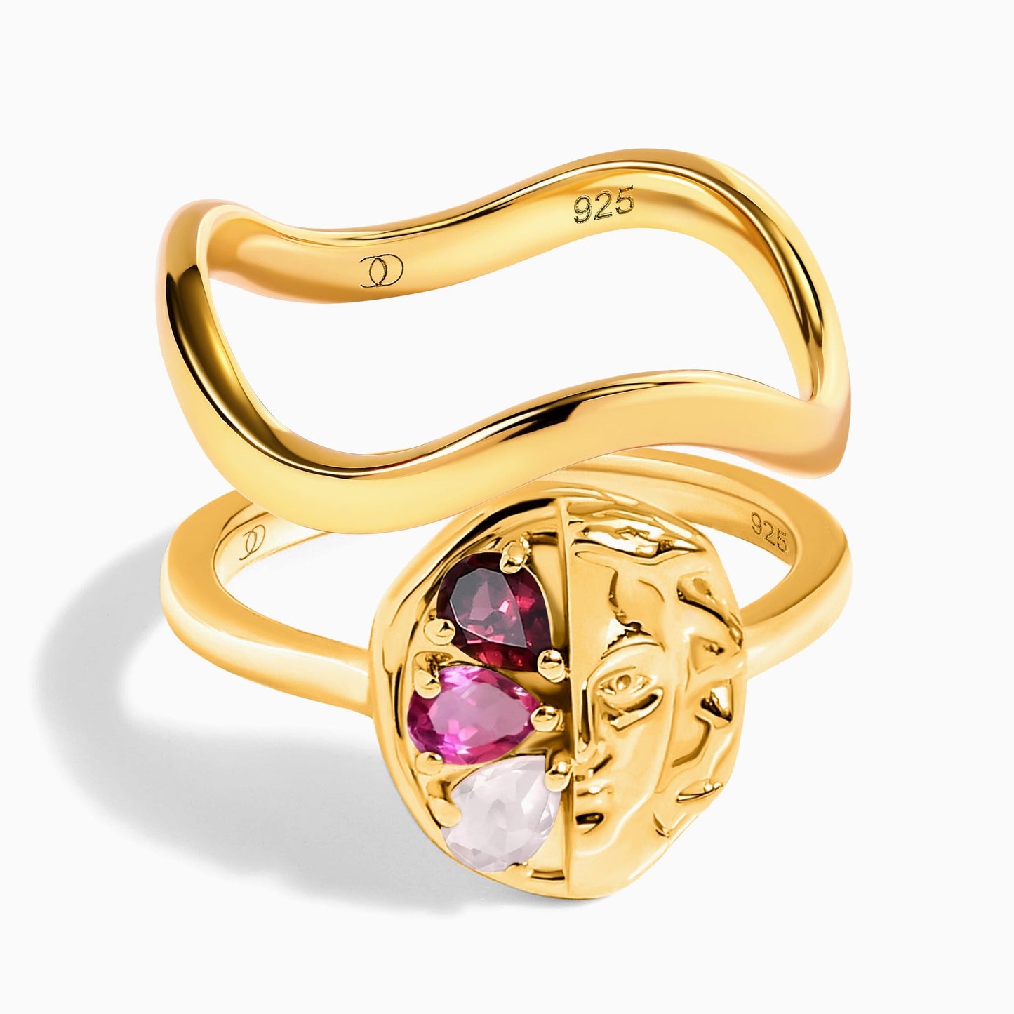 Pink Gradient Goddess Ring & Waves Band - yellow gold