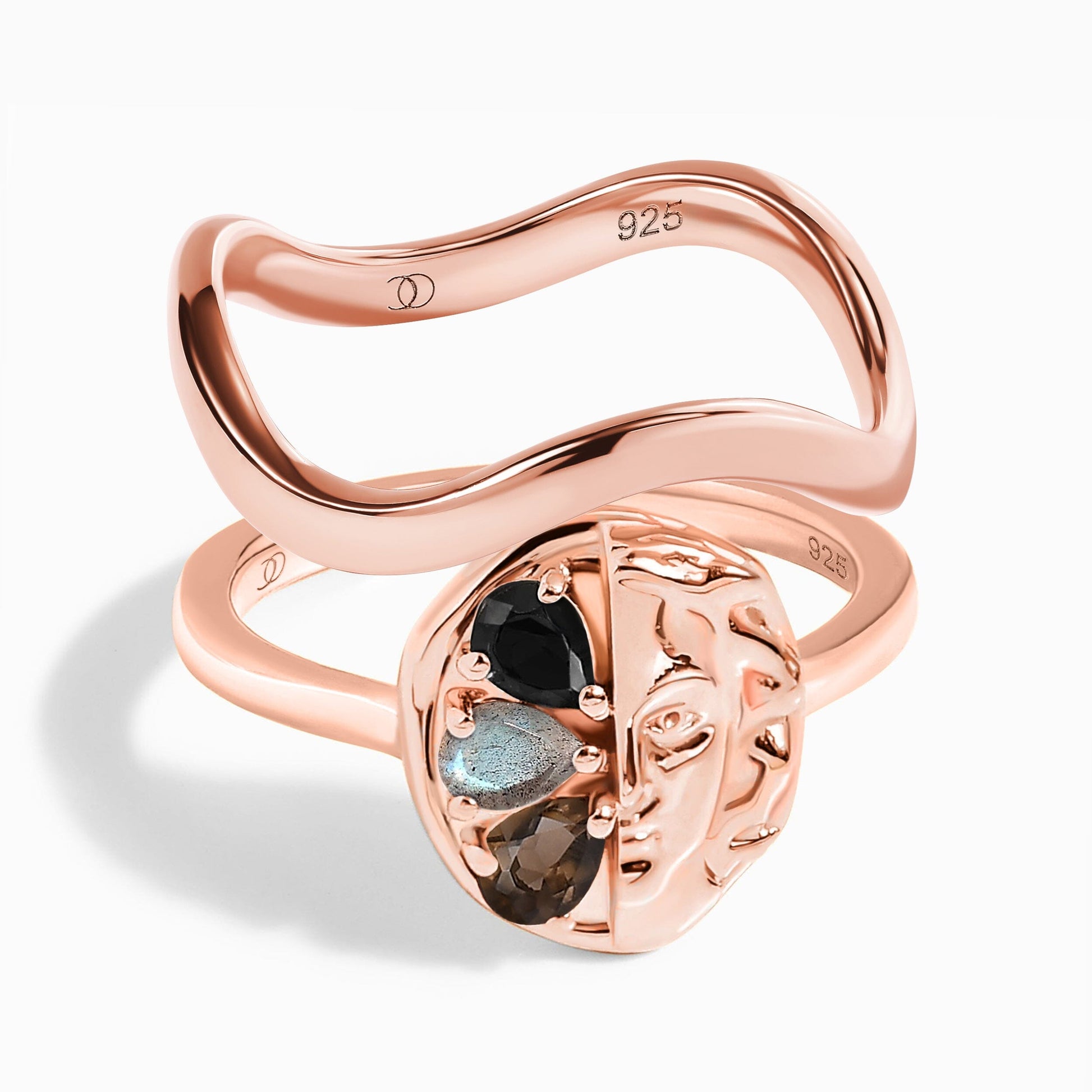 Dark Gradient Ring - Goddess & Waves Band - rose gold set