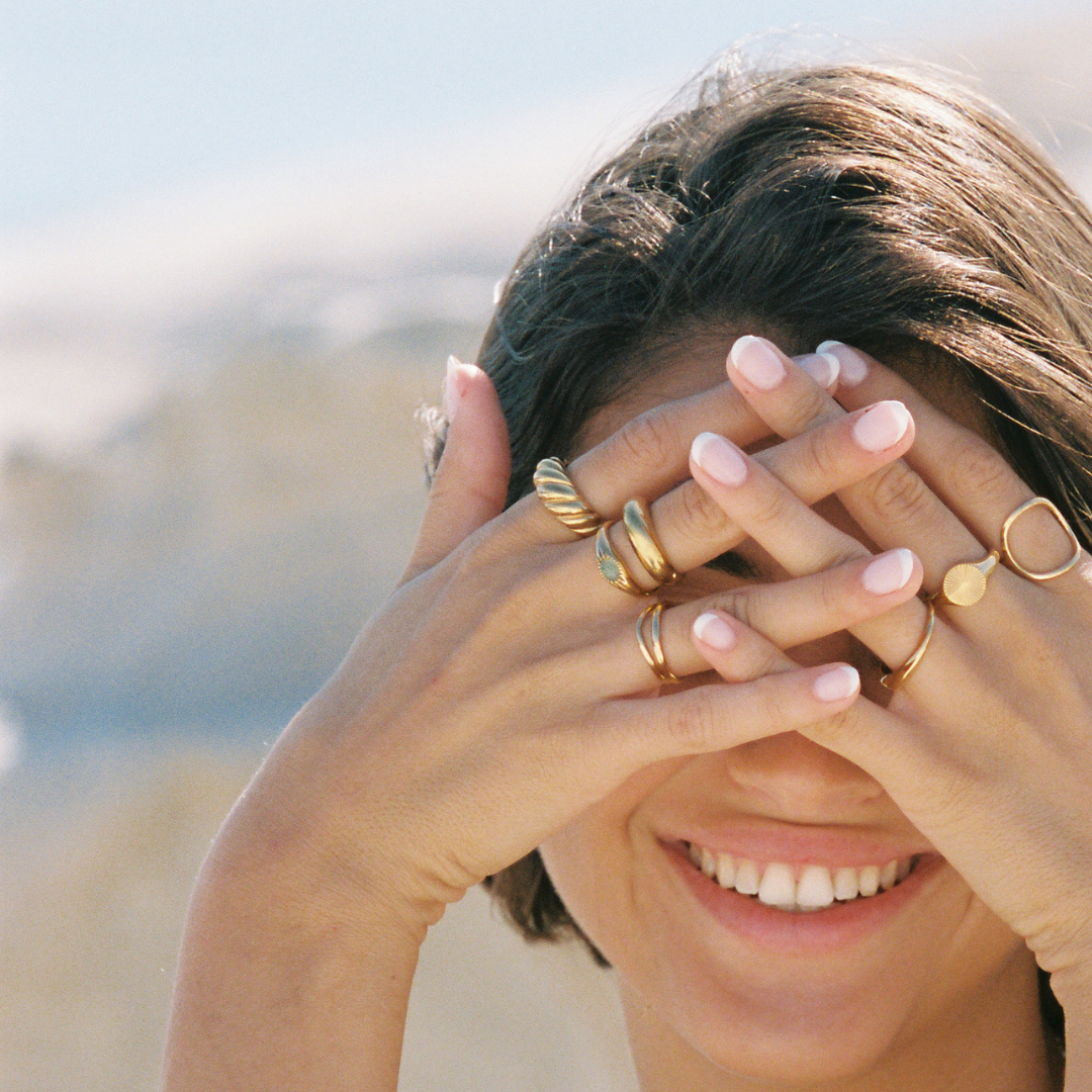Croissant Ring - gold stacked on hand