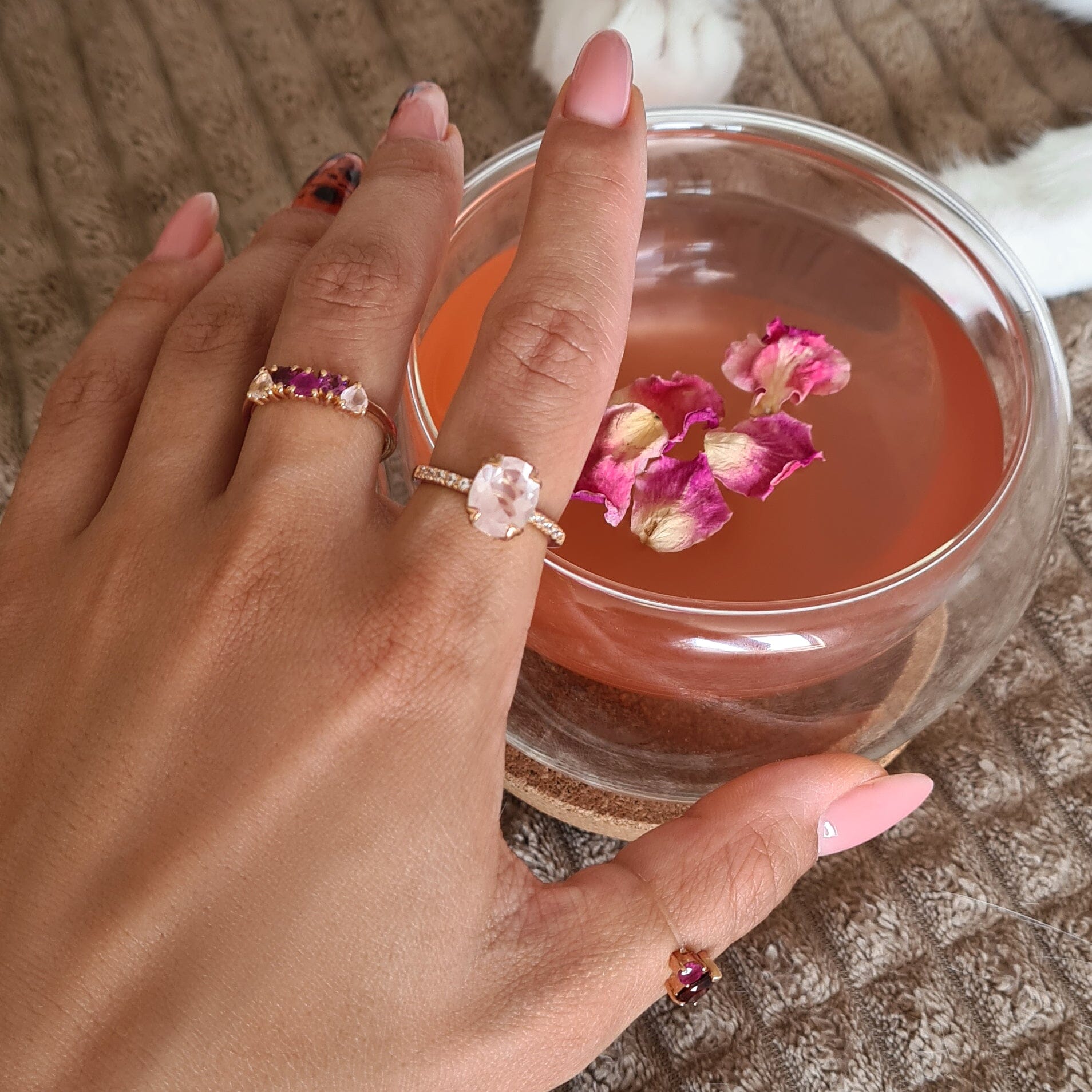 Rose Quartz Rhodolite Ring - Crush, rose gold stacked