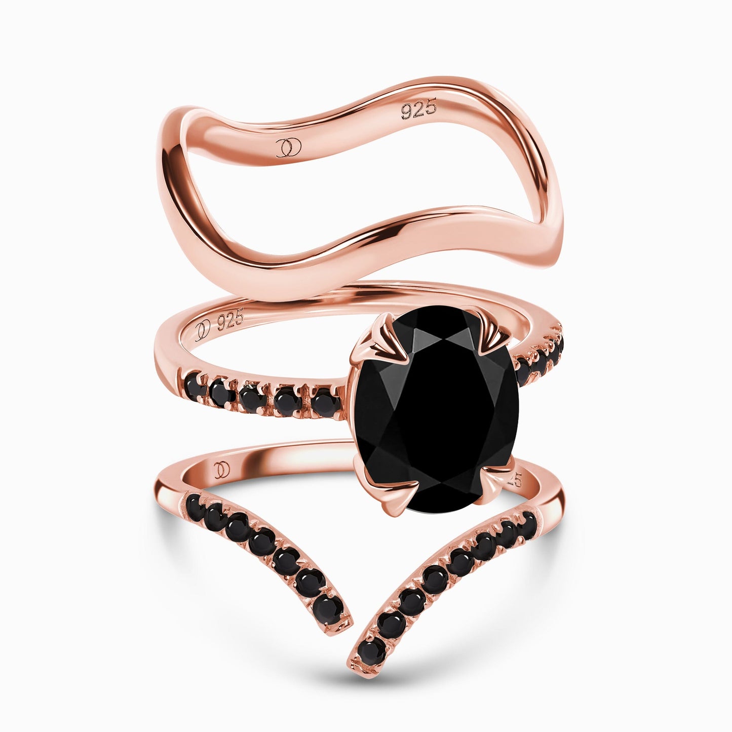 Black Obsidian Black Spinel Harlow & Infinite & Waves Rings - rose gold bundle