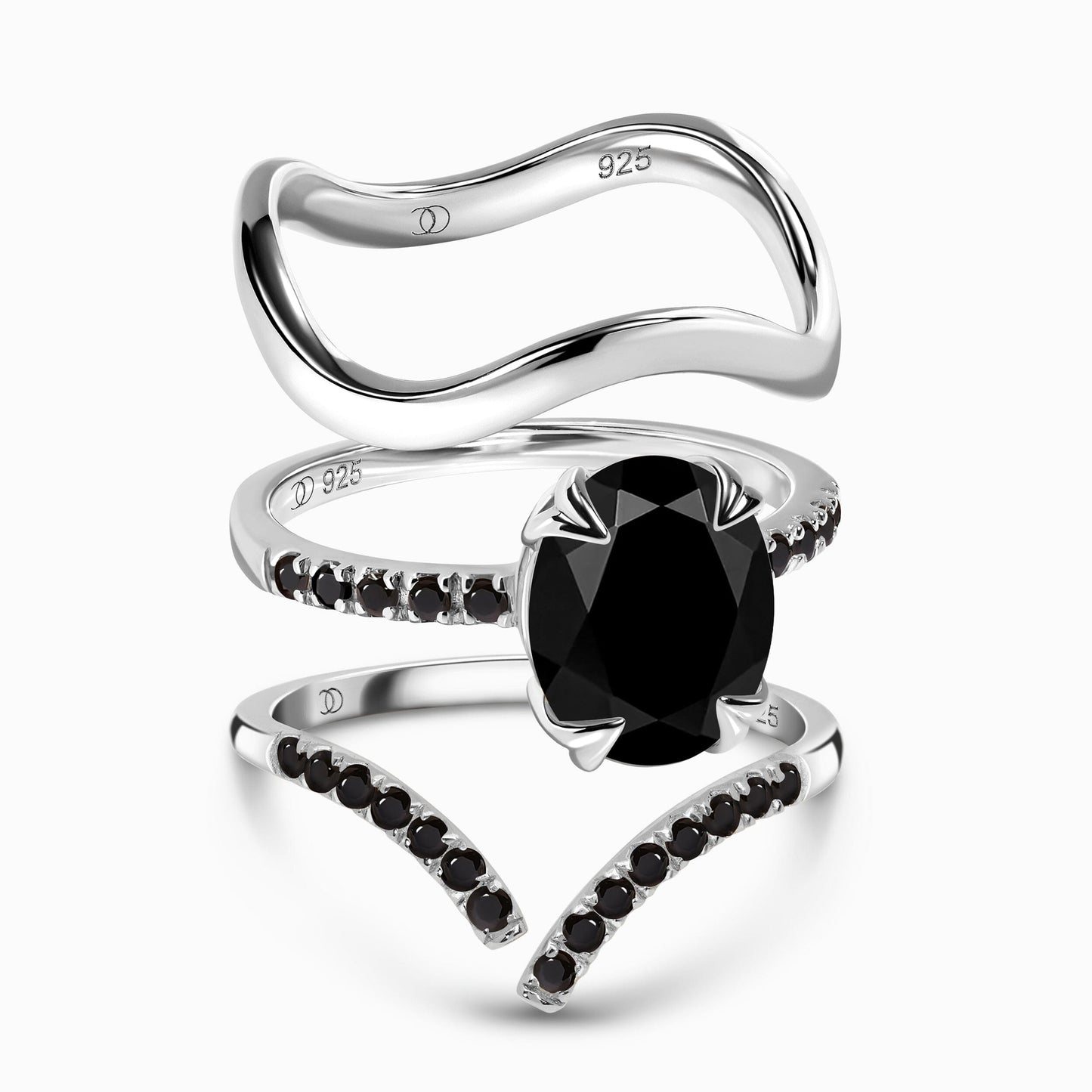 Black Obsidian Black Spinel Harlow & Infinite & Waves Rings - Harlow_Tri_bundles_BB_SIL