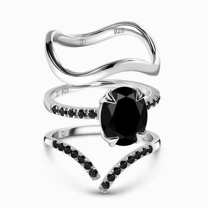 Black Obsidian Black Spinel Harlow & Infinite & Waves Rings - Harlow_Tri_bundles_BB_SIL