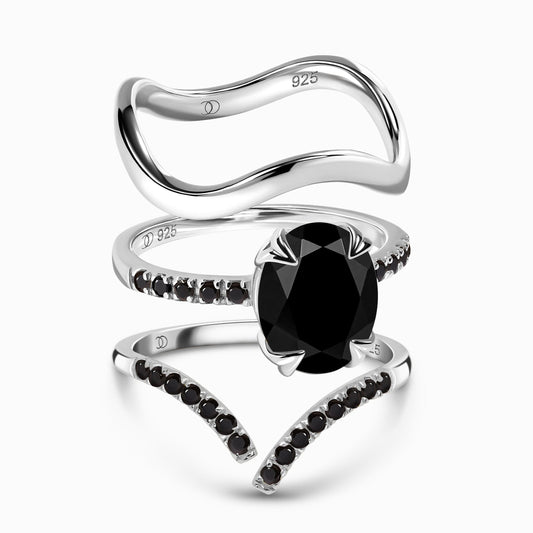 Black Obsidian Black Spinel Harlow & Infinite & Waves Rings - Harlow_Tri_bundles_BB_SIL