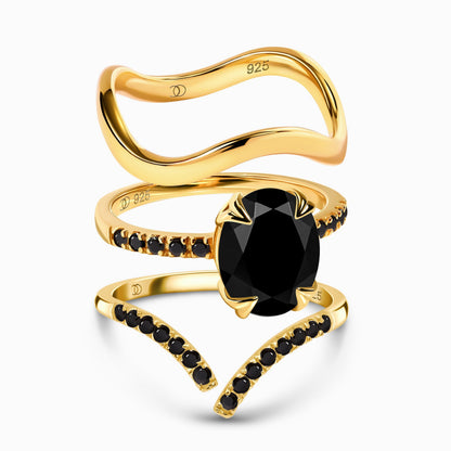Black Obsidian Black Spinel Harlow & Infinite & Waves Rings - yellow gold bundle
