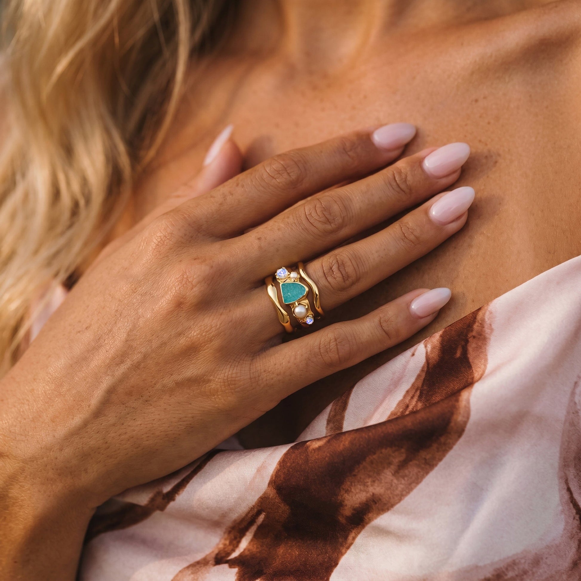 Amazonite Heirloom & Magma & Waves Rings - on hand YG