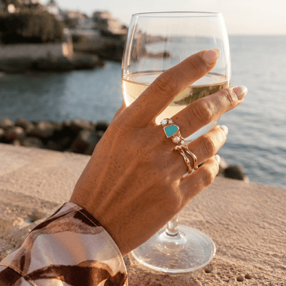 Amazonite Heirloom & Magma & Waves Rings - lifestyle 2 YG