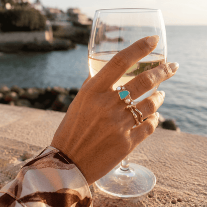 Amazonite Heirloom & Magma & Waves Rings - lifestyle 3 YG