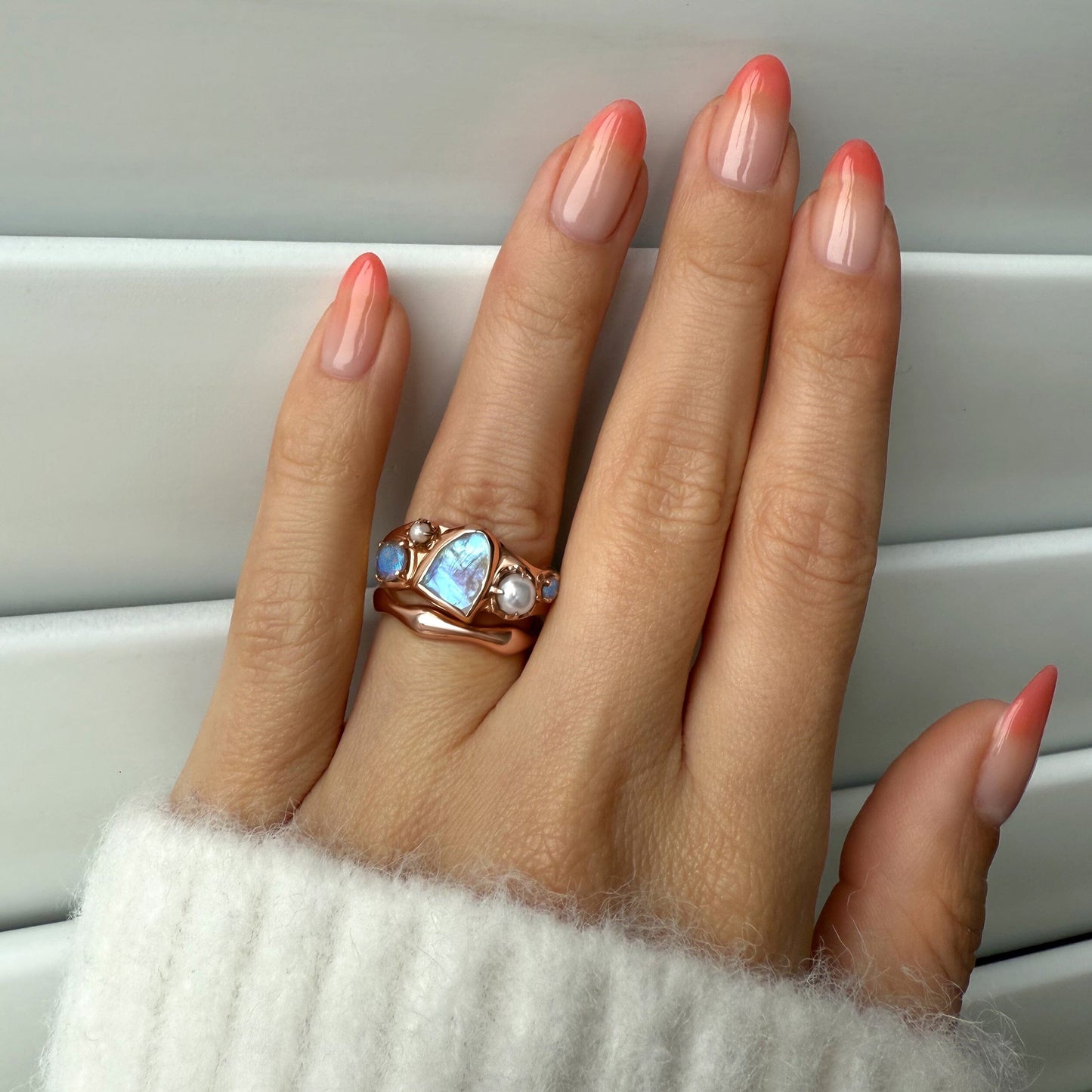 Moonstone Heirloom & Magma Rings - stack 2 RG