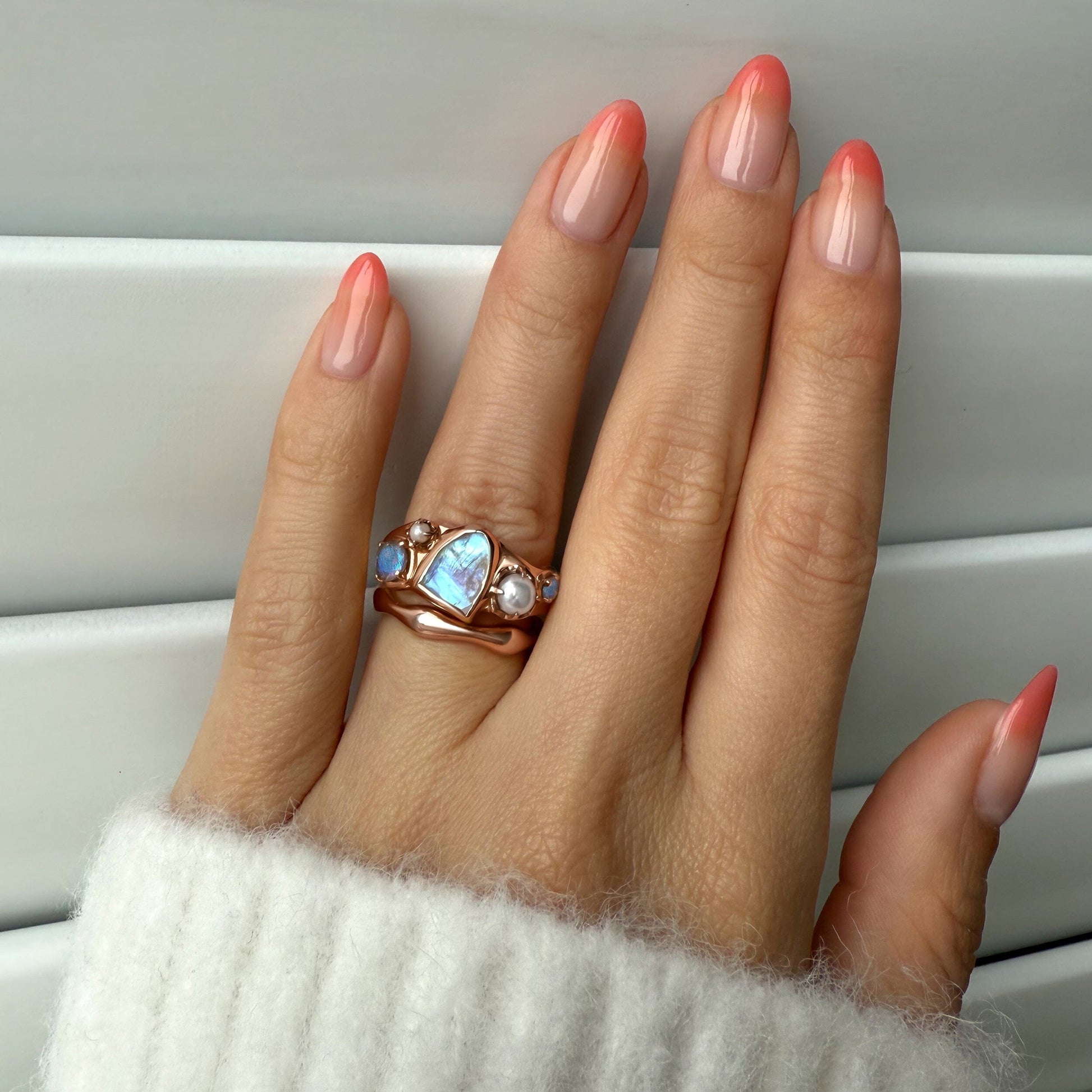 Moonstone Heirloom & Magma Rings - stack 2 RG