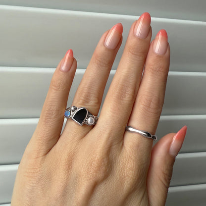 Black Obsidian Heirloom ring detail on hand - silver