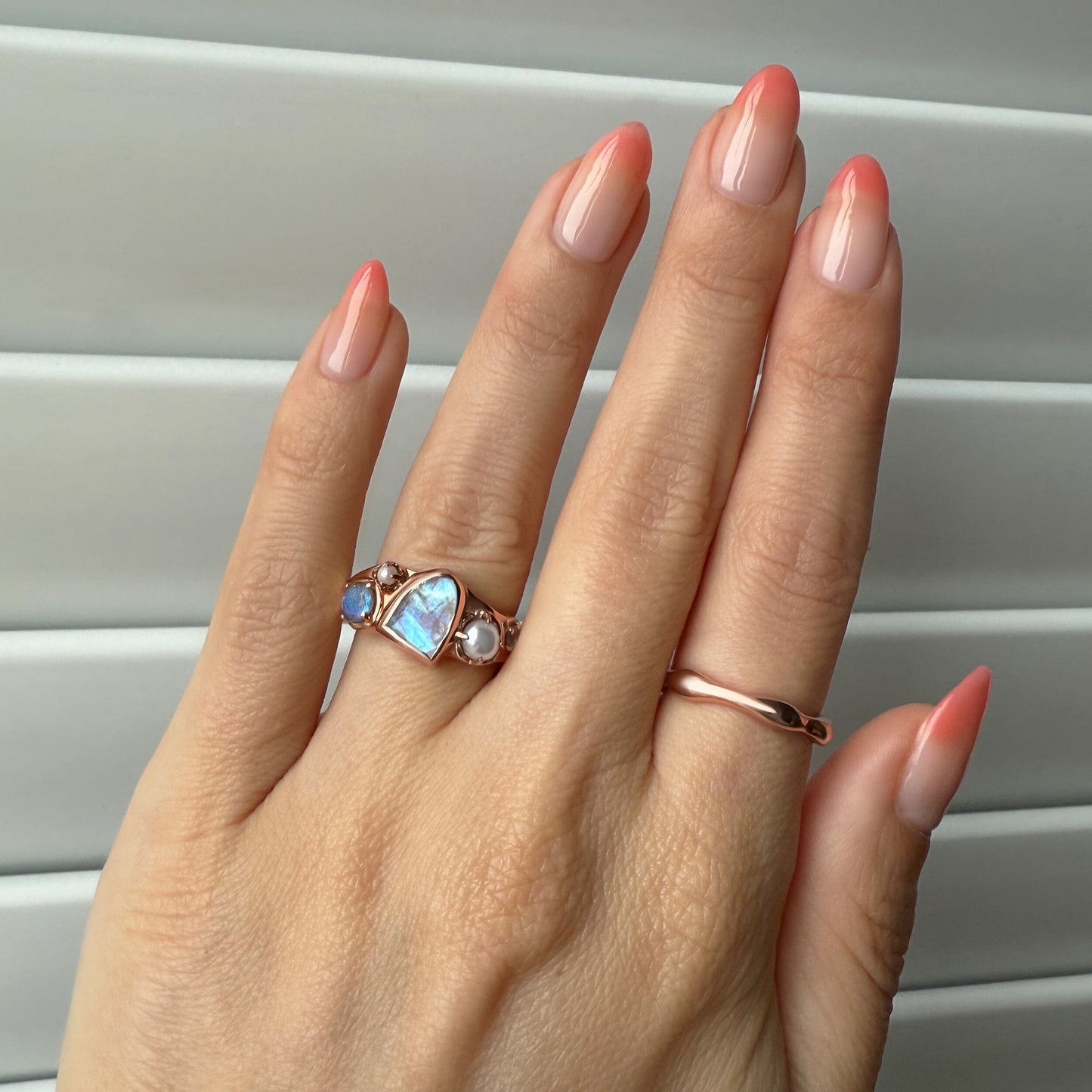 Moonstone Heirloom & Magma Rings - stack 3 RG