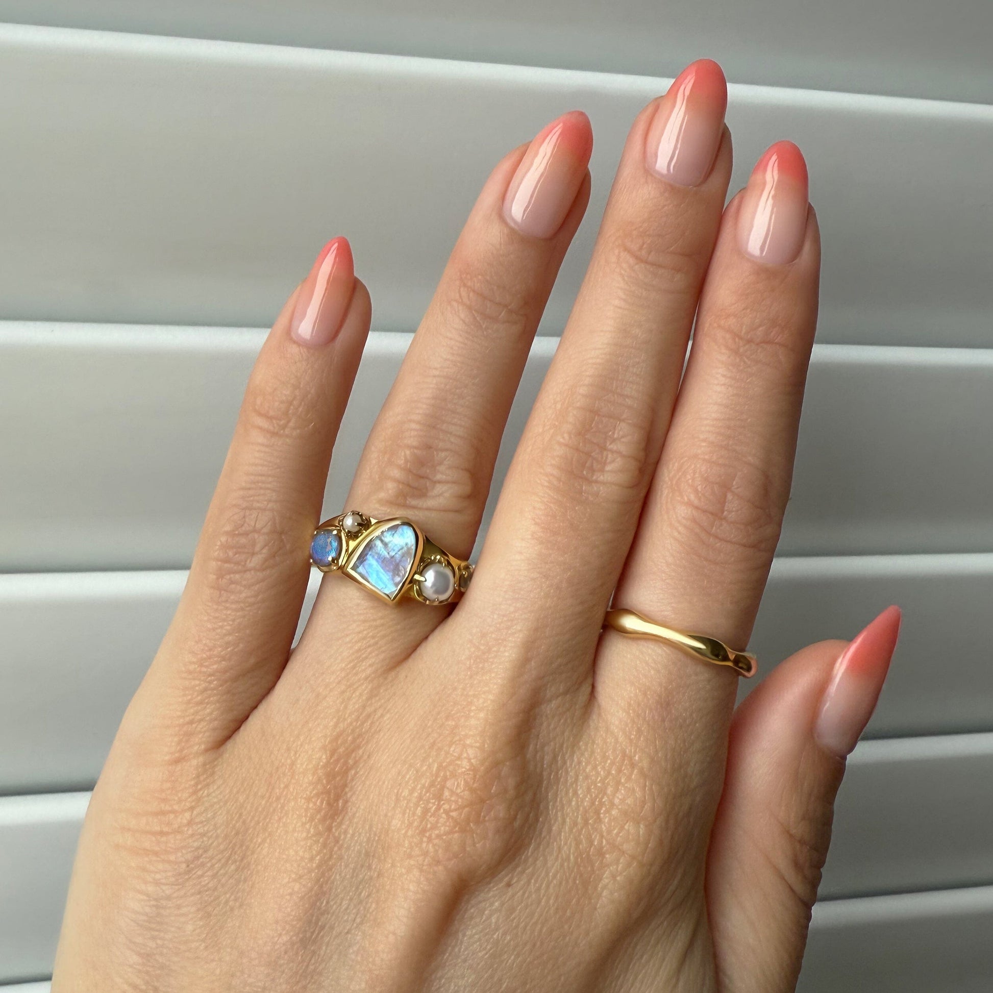 Moonstone Heirloom & Magma Rings - stack 3 YG