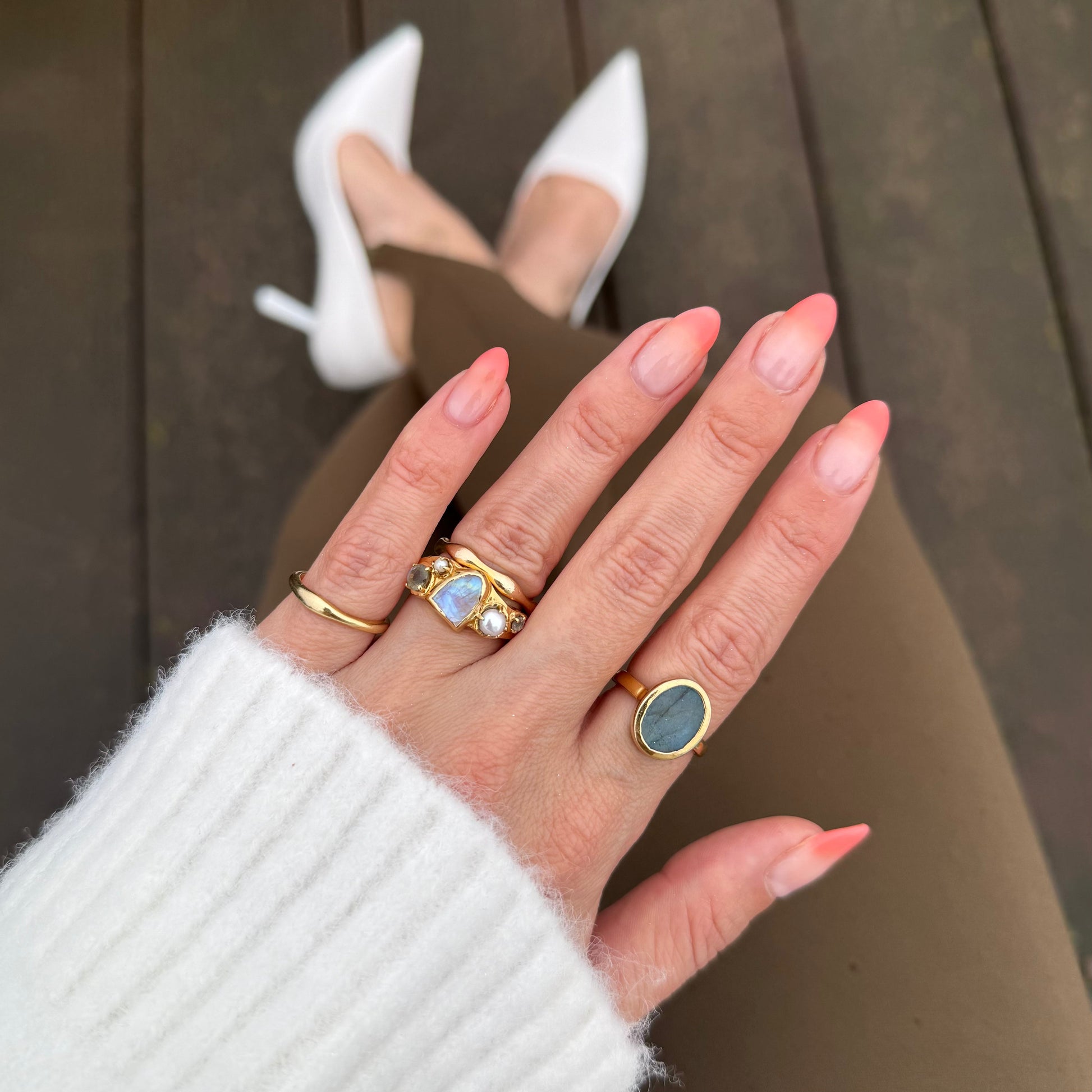 Moonstone Heirloom & Magma Rings - stack