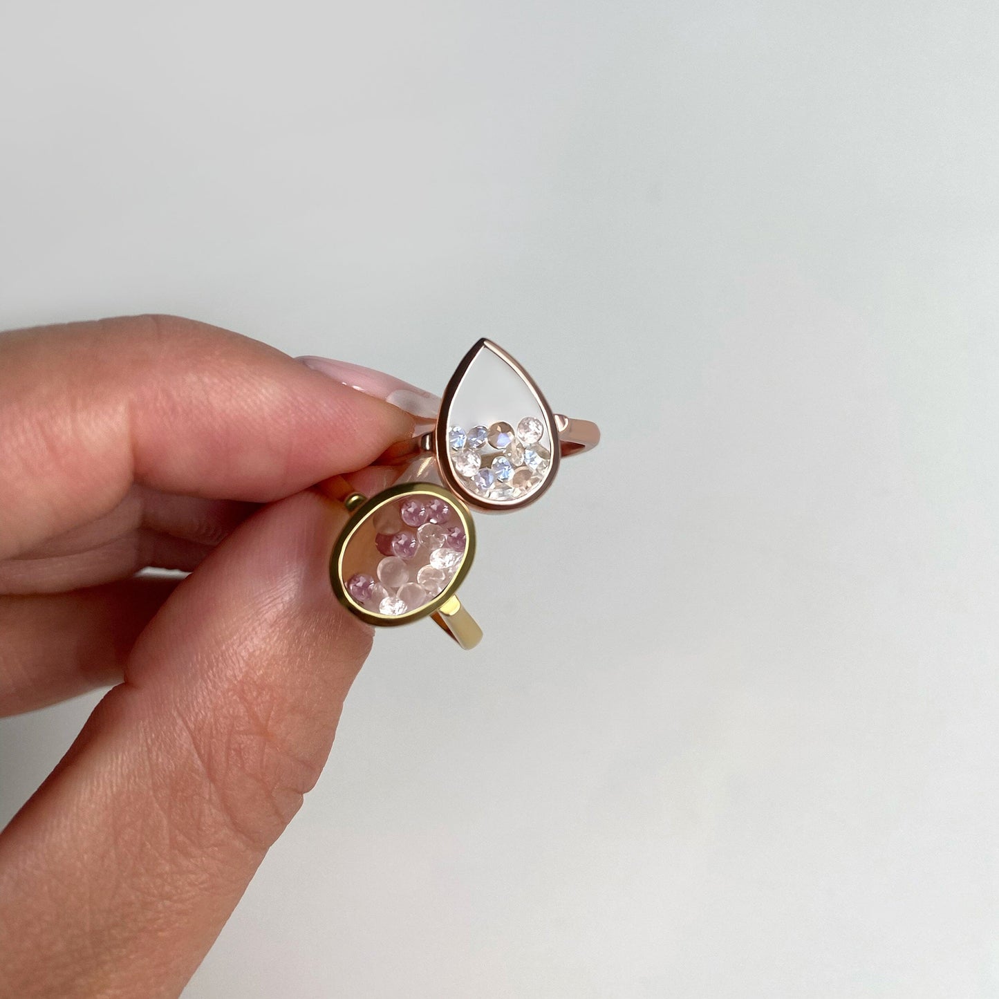 Rose Quartz Rhodolite Ring - Halo of Calm - lifestyle
