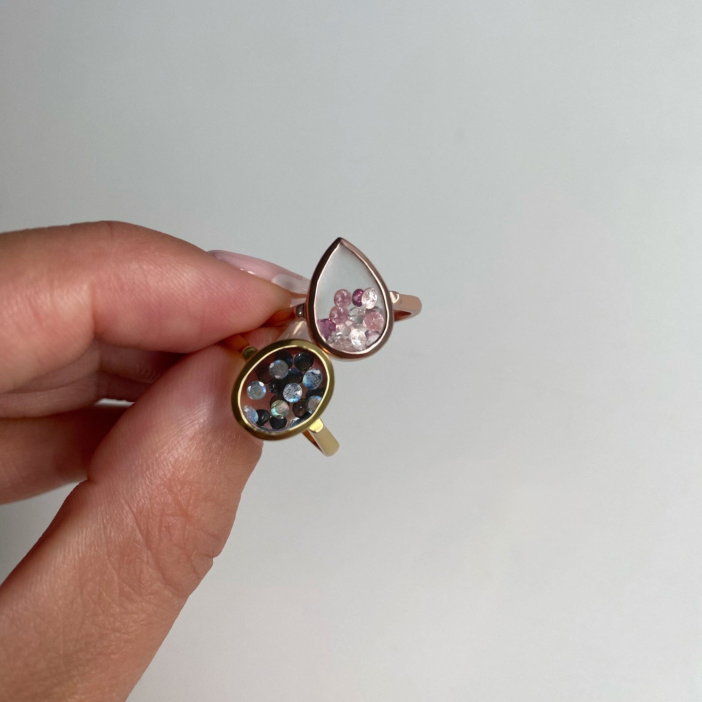 Rose Quartz Rhodolite Ring - Halo of Calm - lifestyle detail