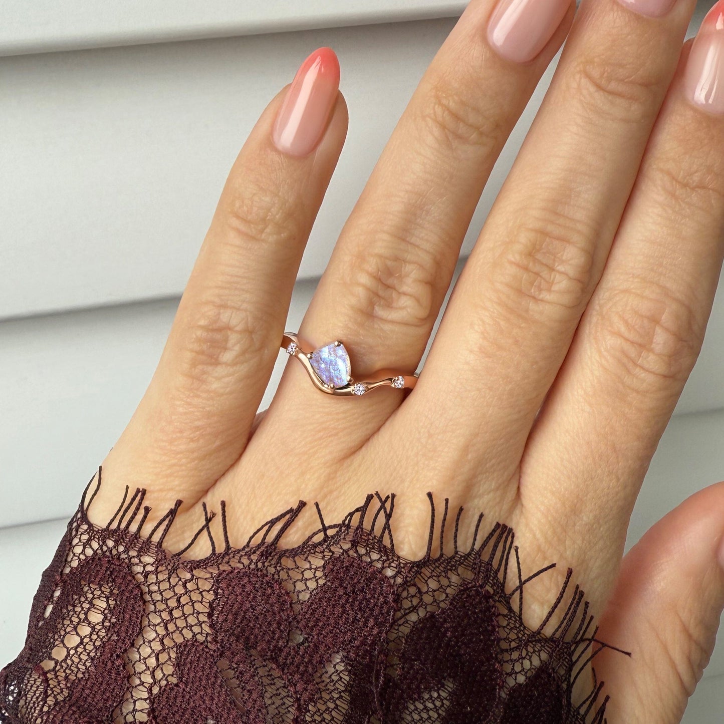 Raw Crystal Ring - Moonstone Arc of Origin - rose gold vermeil on hand