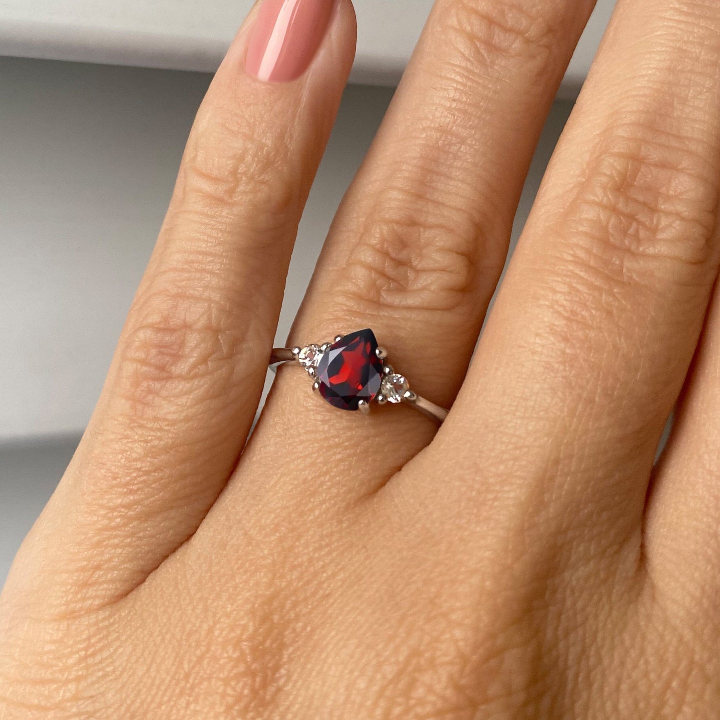 Garnet Ring - Lania - silver worn