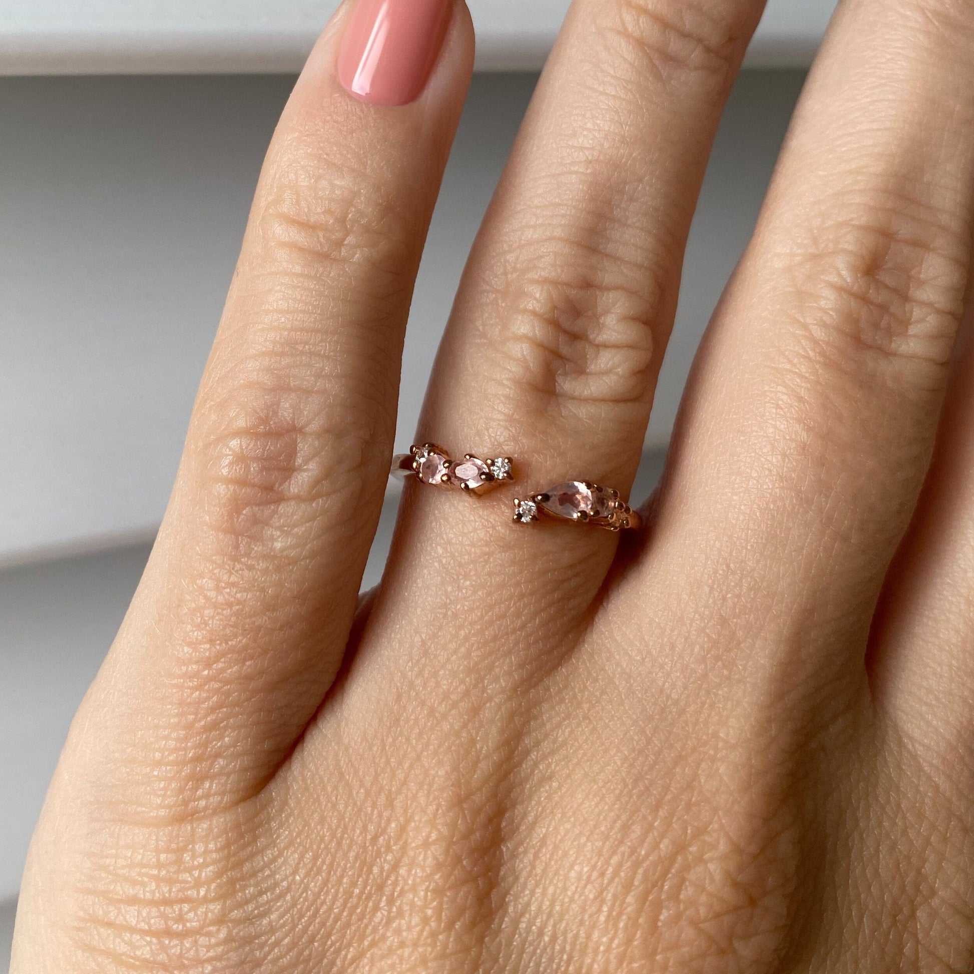 Adjustable Rose Quartz Ring - Flourish, rose gold on hand