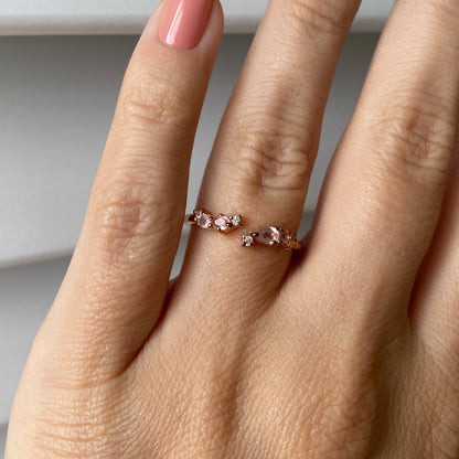 Adjustable Rose Quartz Ring - Flourish, rose gold on hand
