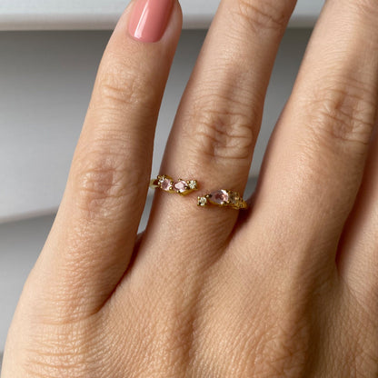 Adjustable Rose Quartz Ring - Flourish, yellow gold on hand