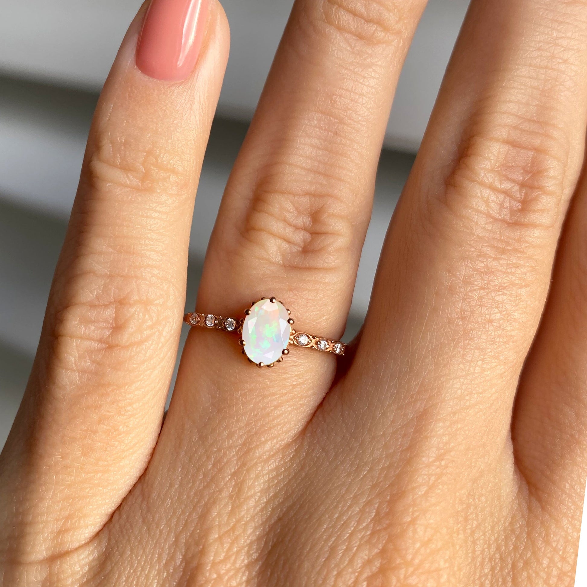 Opal Ring - Above Clouds, rose gold on hand
