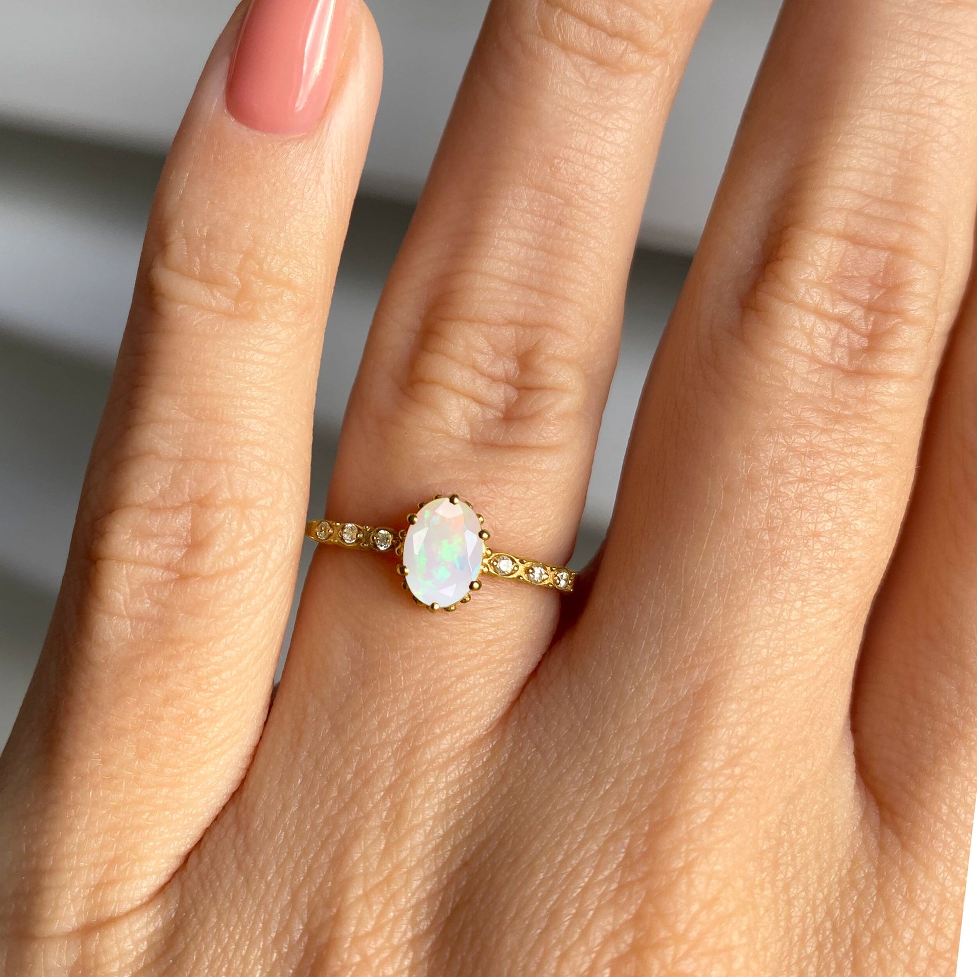 Opal Ring - Above Clouds, yellow gold on hand