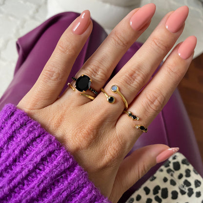 Adjustable Black Obsidian Labradorite Ring - Evolve - yellow gold detail