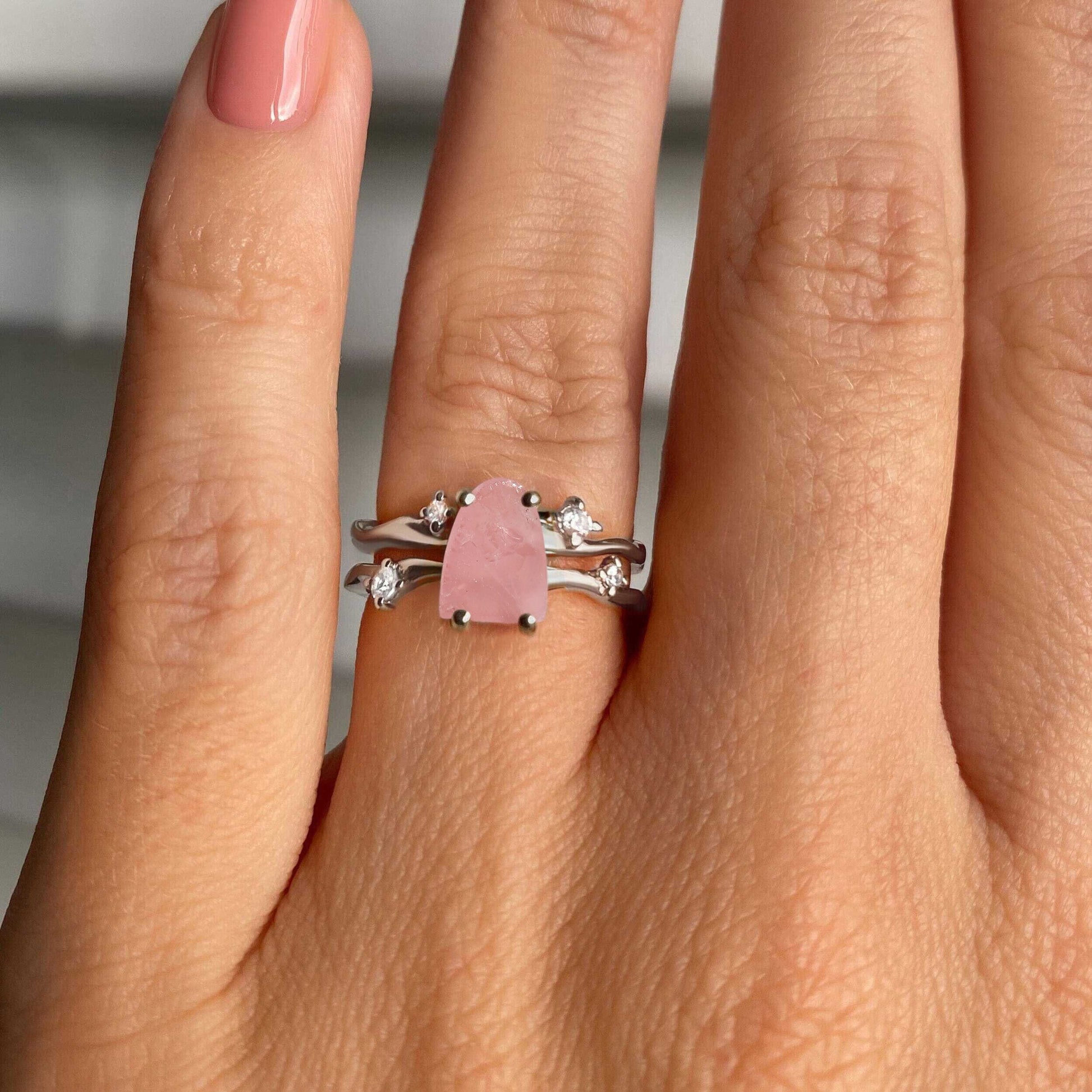 Rose Quartz Raw Crystal Ring - Flow, silver on hand