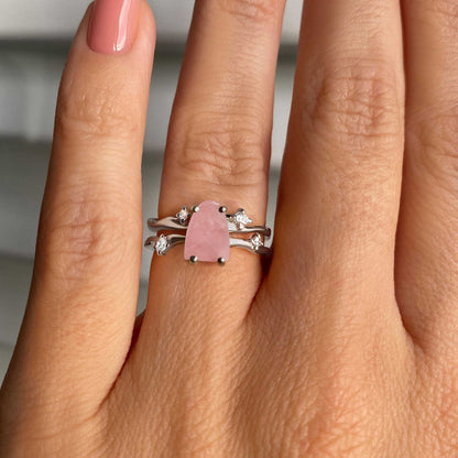 Rose Quartz Raw Crystal Ring - Flow, silver on hand