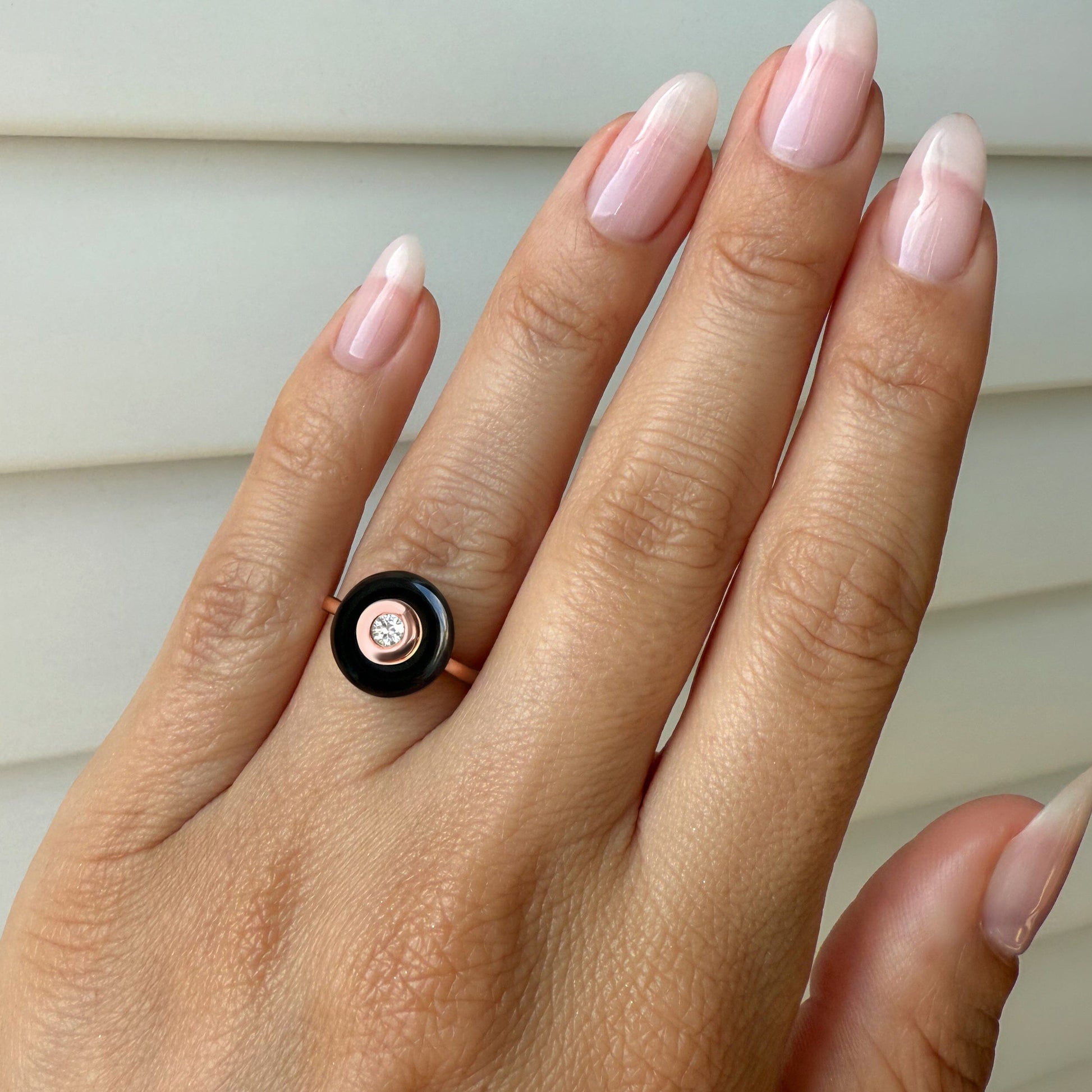 Black Obsidian Fidget Ring - Ora - worn rose gold