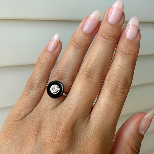 Black Obsidian Fidget Ring - Ora - worn silver