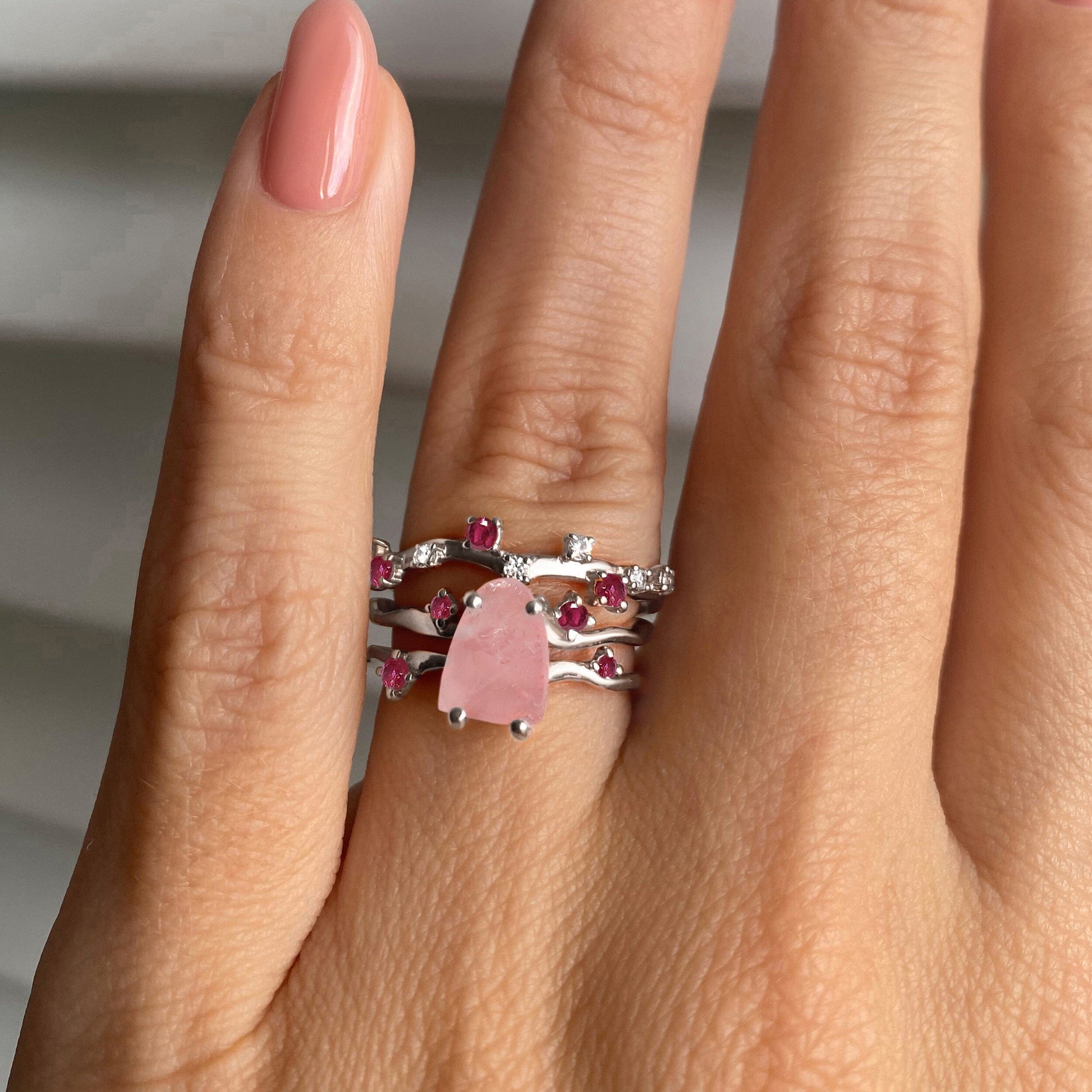 Rose Quartz Flow & Ruby Stardust Rings, silver on hand
