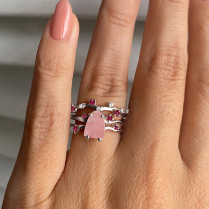 Rose Quartz Flow & Ruby Stardust Rings, silver on hand