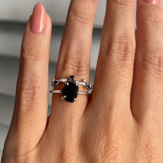 Petite Black Obsidian Ring silver worn