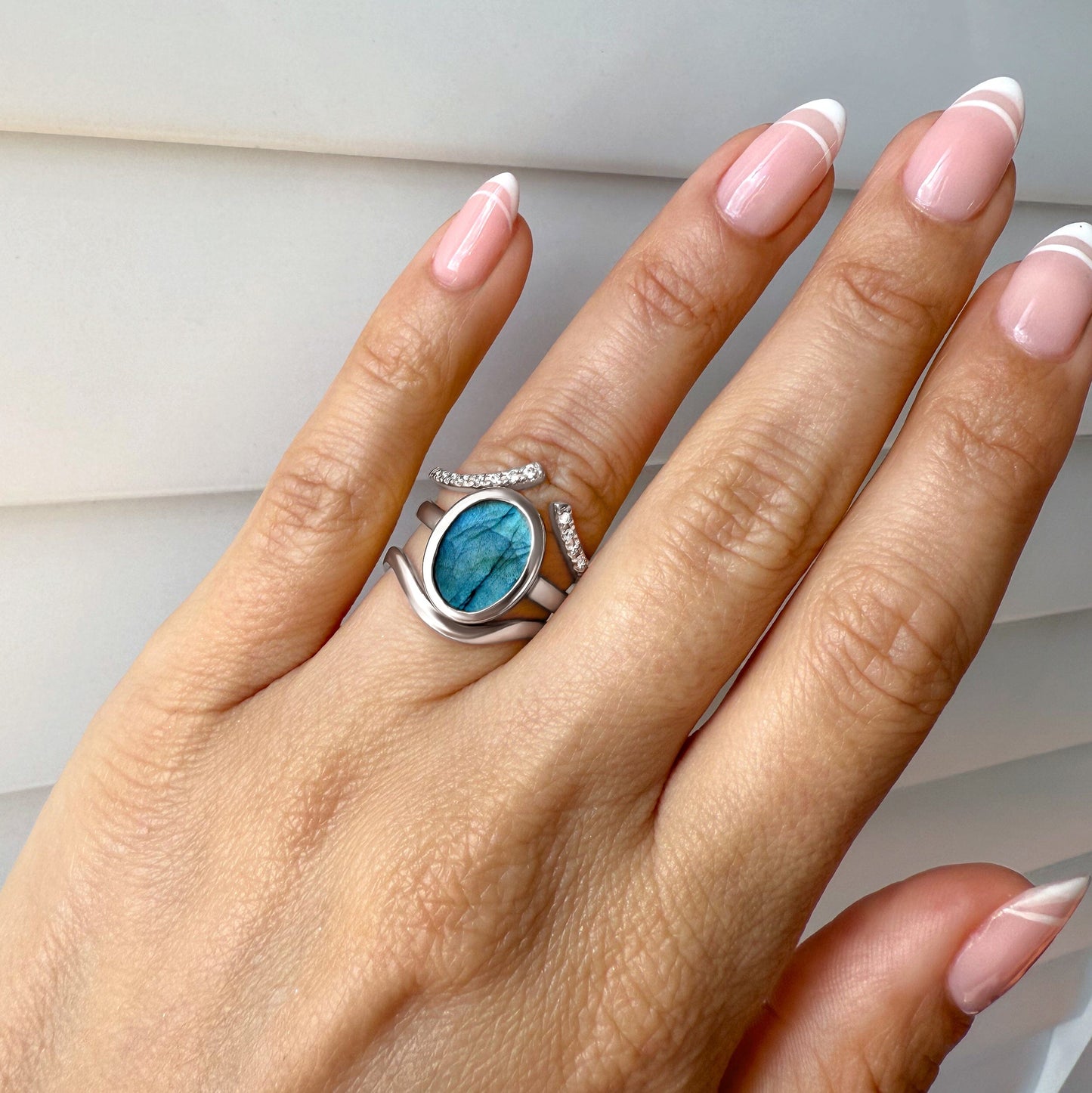 Enfolded Labradorite & Infinite & Waves Rings - silver detail
