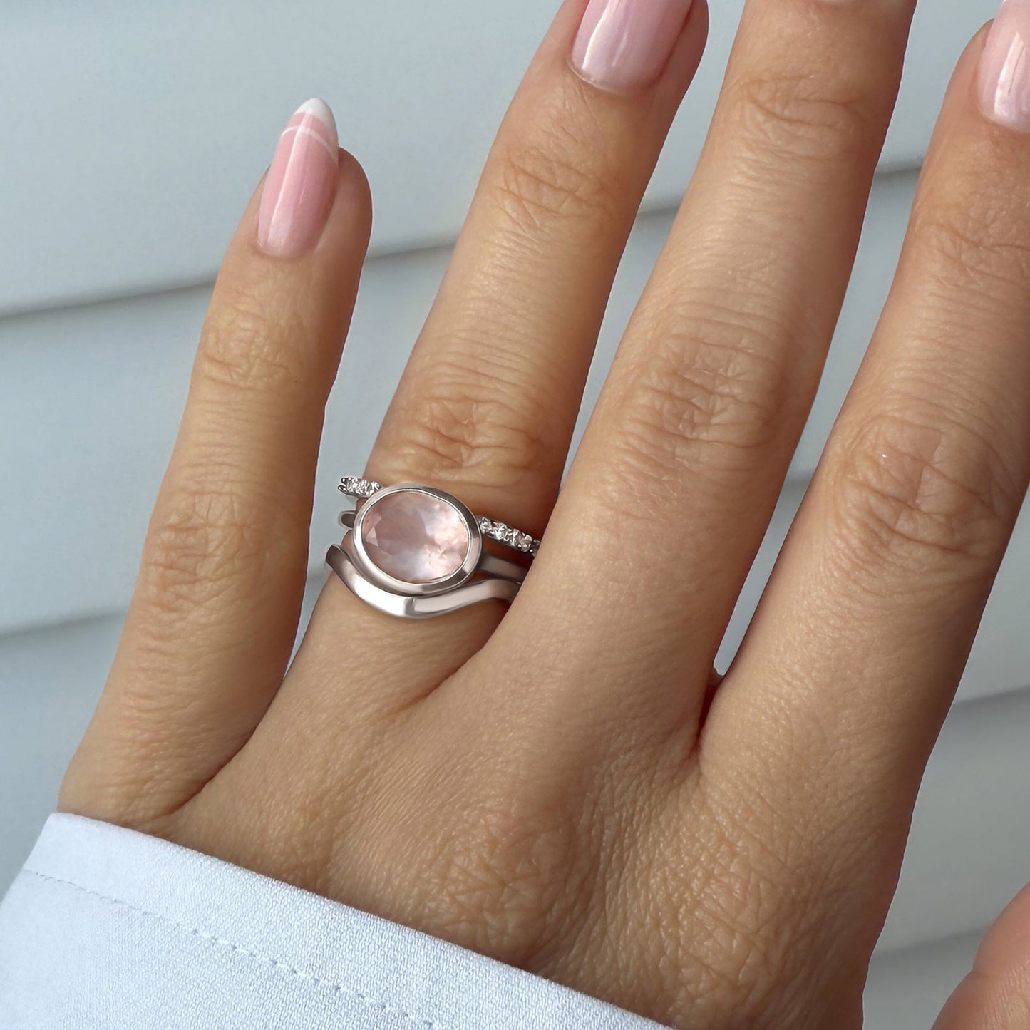 Rose Quartz Skin-Touch & Twinkling & Waves Rings - on hand silver