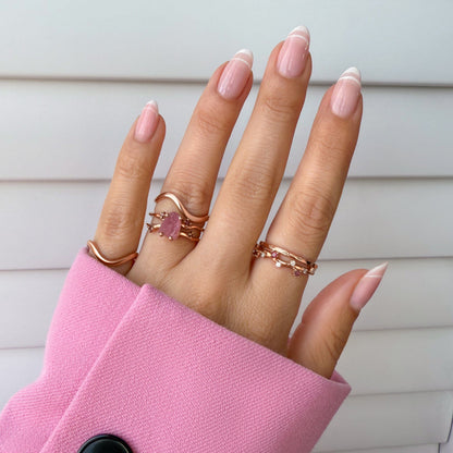 Rose Quartz Flow & Ruby Stardust & Waves Rings, rose gold detail