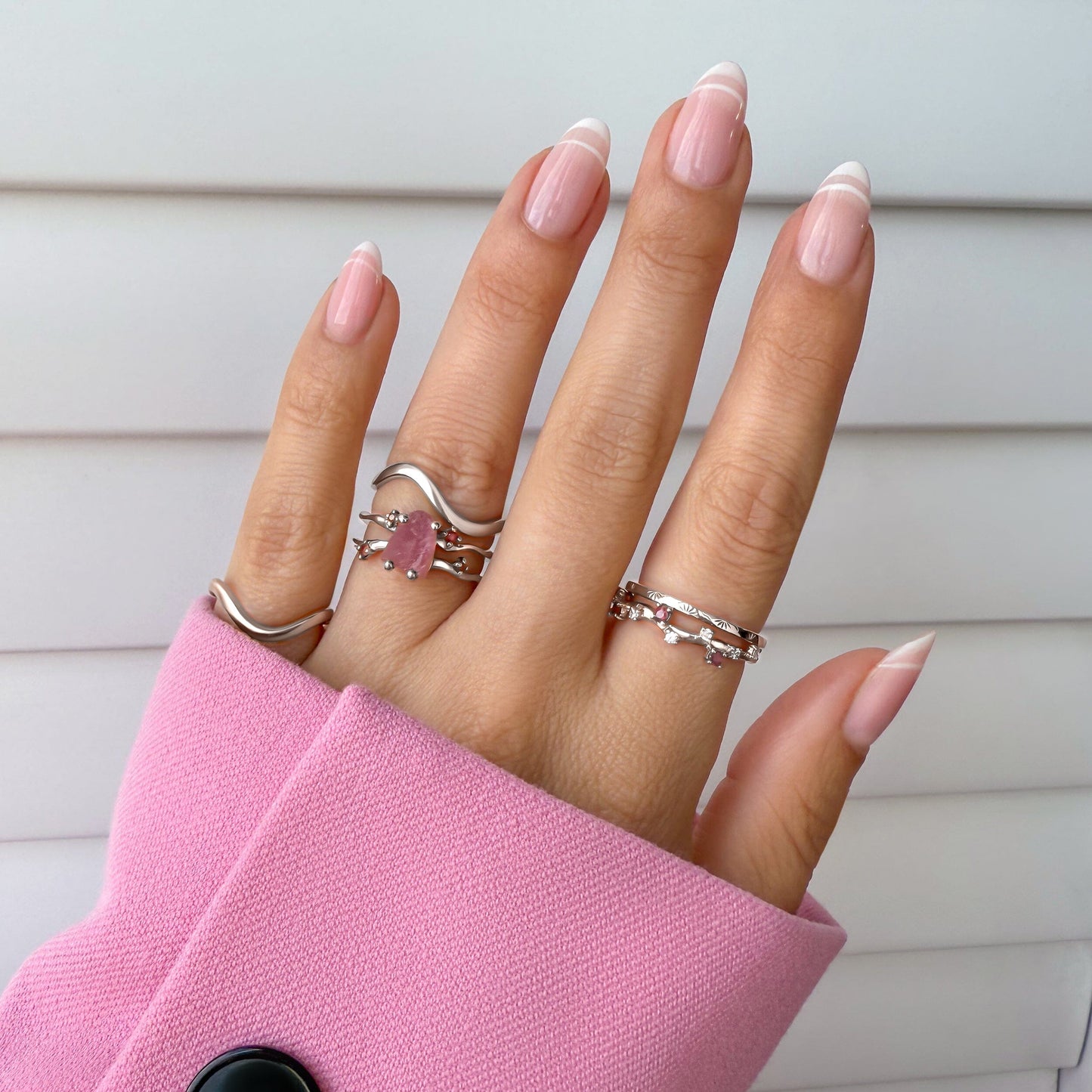 Rose Quartz Flow & Ruby Stardust & Waves Rings, silver detail