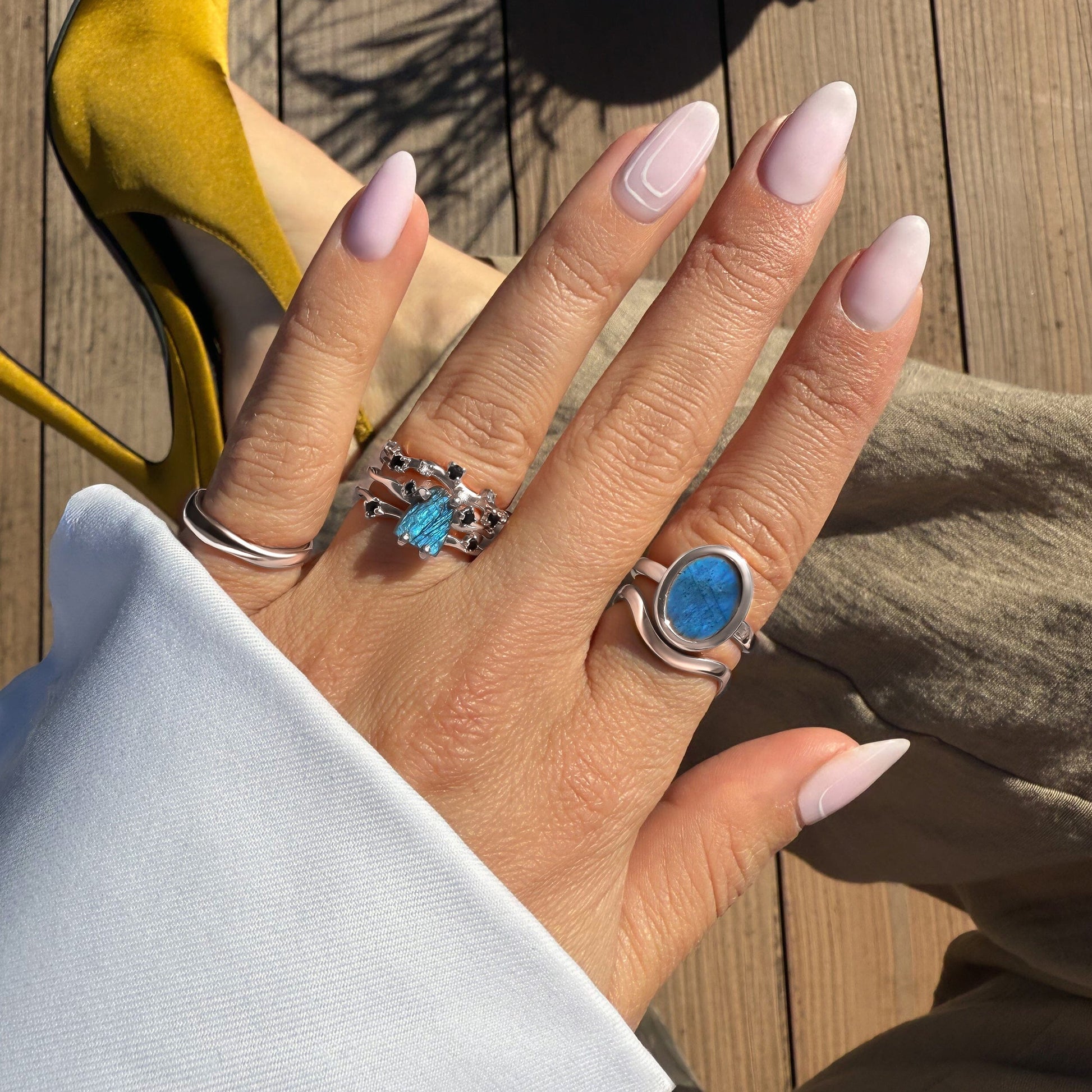 Labradorite Flow & Stardust & Waves Rings silver detail